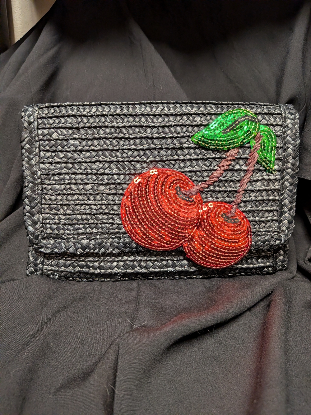 Felix Rey Black Woven Clutch with Red Sequin Cherry Accent Leopard Interior